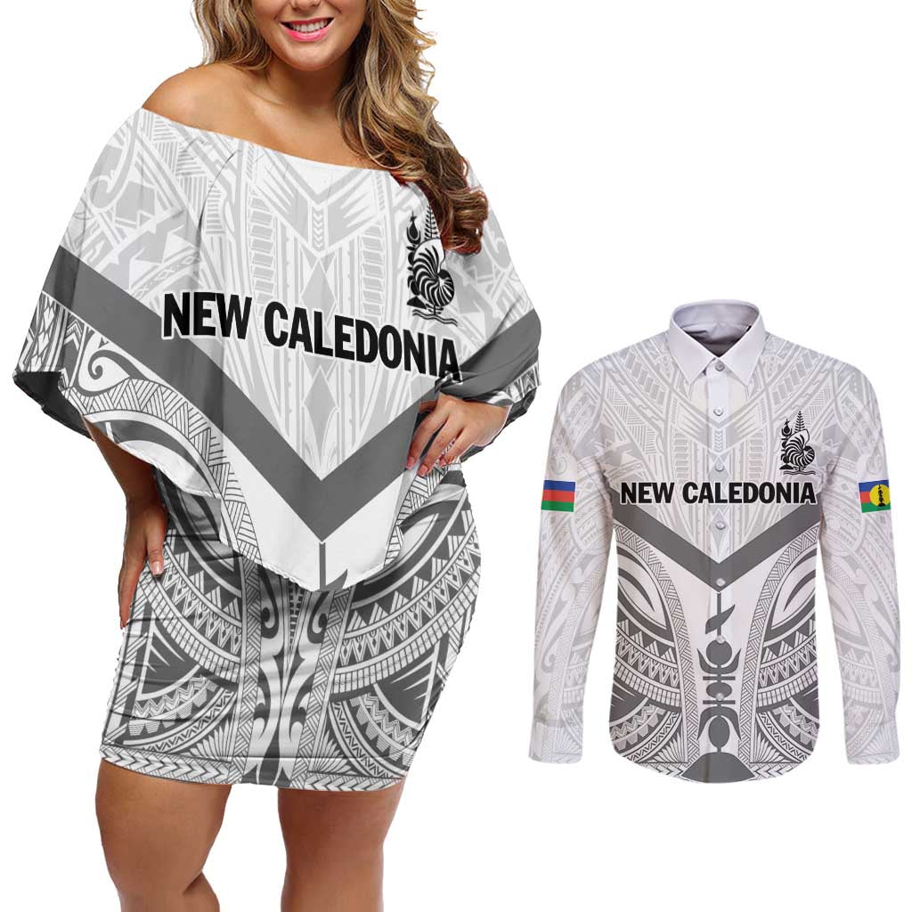 New Caledonia Football Custom Couples Matching Off Shoulder Short Dress and Long Sleeve Button Shirt Go Champions Les Cagous LT9 White - Polynesian Pride