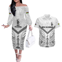 New Caledonia Football Custom Couples Matching Off The Shoulder Long Sleeve Dress and Hawaiian Shirt Go Champions Les Cagous LT9 White - Polynesian Pride