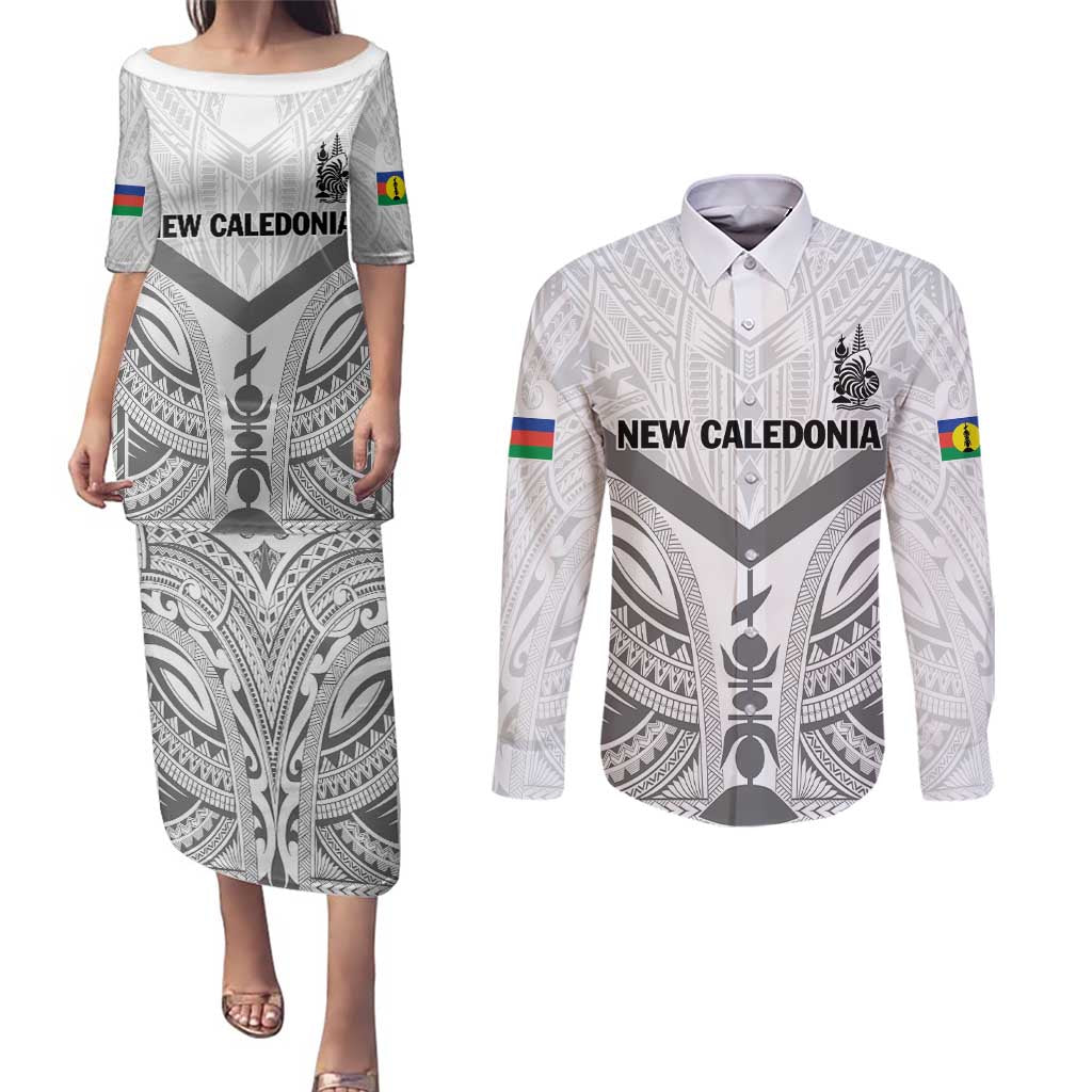 New Caledonia Football Custom Couples Matching Puletasi and Long Sleeve Button Shirt Go Champions Les Cagous LT9 White - Polynesian Pride