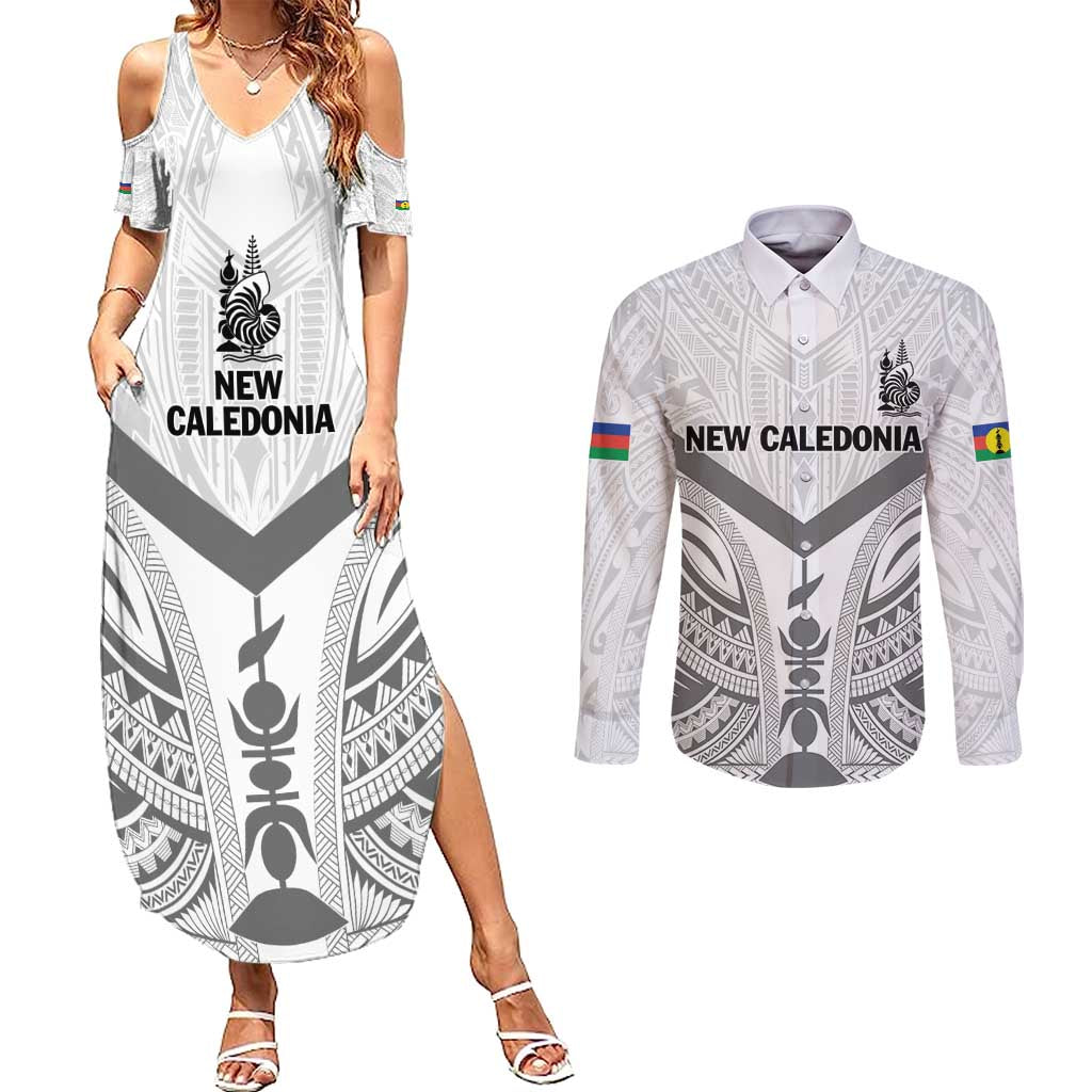 New Caledonia Football Custom Couples Matching Summer Maxi Dress and Long Sleeve Button Shirt Go Champions Les Cagous LT9 White - Polynesian Pride