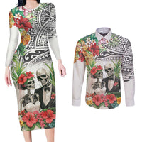 Skeleton Love for Valentines Day Couples Matching Long Sleeve Bodycon Dress and Long Sleeve Button Shirt Polynesian Tribal Love Forever LT9 White - Polynesian Pride