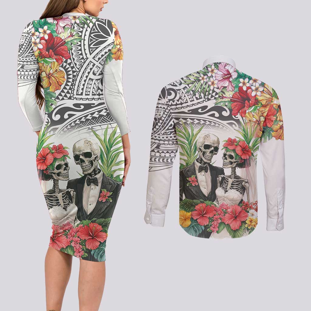 Skeleton Love for Valentines Day Couples Matching Long Sleeve Bodycon Dress and Long Sleeve Button Shirt Polynesian Tribal Love Forever LT9 - Polynesian Pride