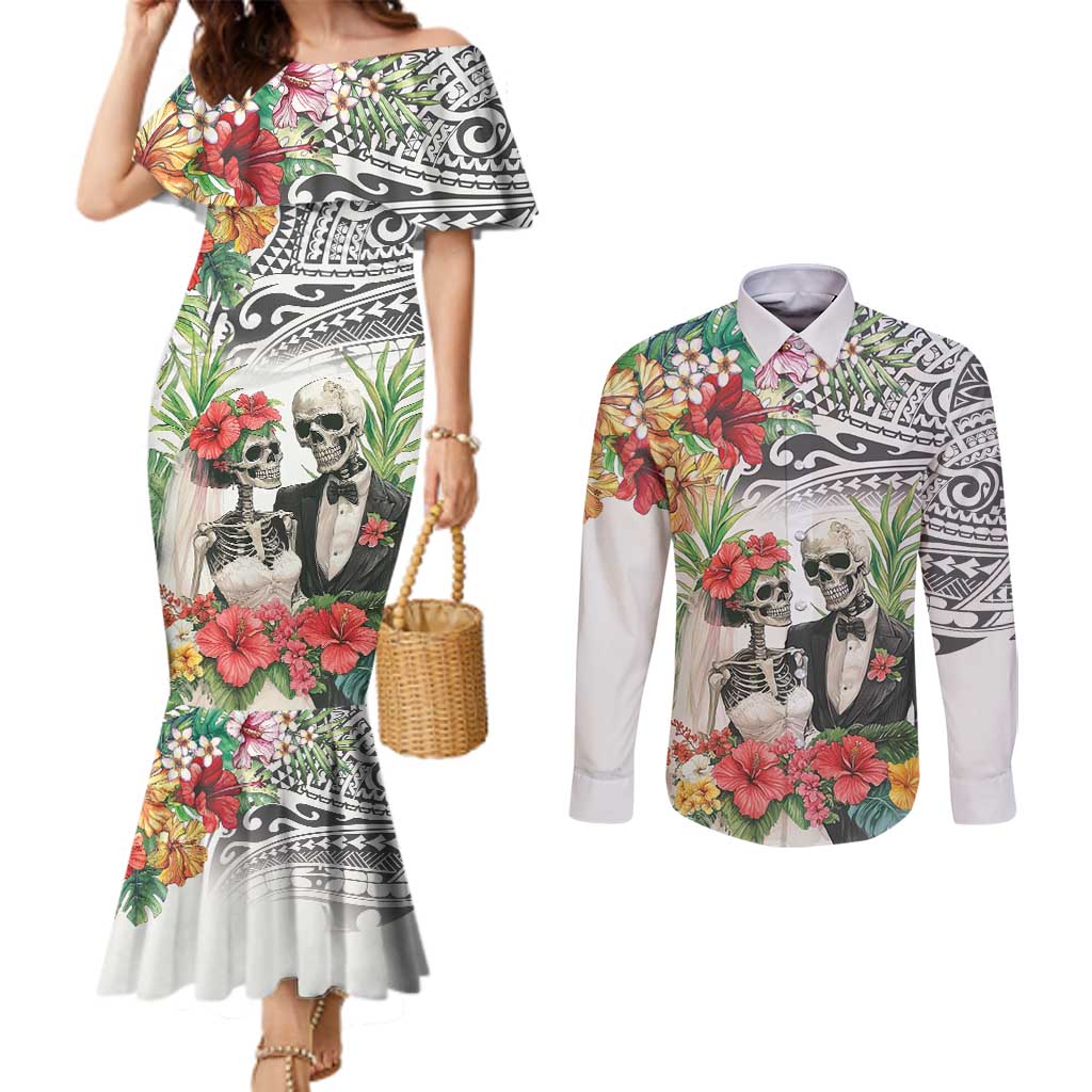Skeleton Love for Valentines Day Couples Matching Mermaid Dress and Long Sleeve Button Shirt Polynesian Tribal Love Forever LT9 White - Polynesian Pride