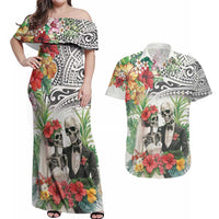 Skeleton Love for Valentines Day Couples Matching Off Shoulder Maxi Dress and Hawaiian Shirt Polynesian Tribal Love Forever LT9 White - Polynesian Pride
