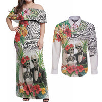 Skeleton Love for Valentines Day Couples Matching Off Shoulder Maxi Dress and Long Sleeve Button Shirt Polynesian Tribal Love Forever LT9 White - Polynesian Pride