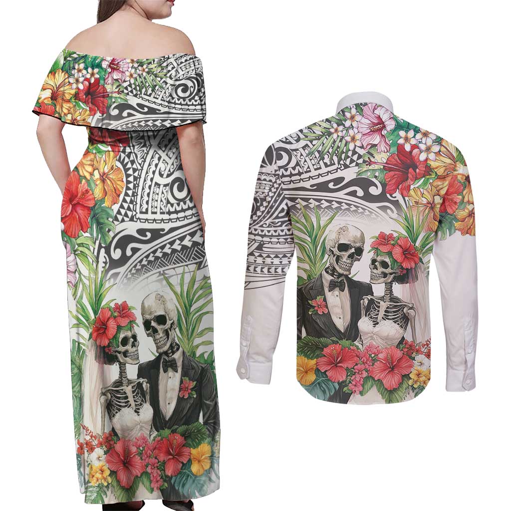 Skeleton Love for Valentines Day Couples Matching Off Shoulder Maxi Dress and Long Sleeve Button Shirt Polynesian Tribal Love Forever LT9 - Polynesian Pride