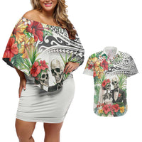 Skeleton Love for Valentines Day Couples Matching Off Shoulder Short Dress and Hawaiian Shirt Polynesian Tribal Love Forever LT9 White - Polynesian Pride