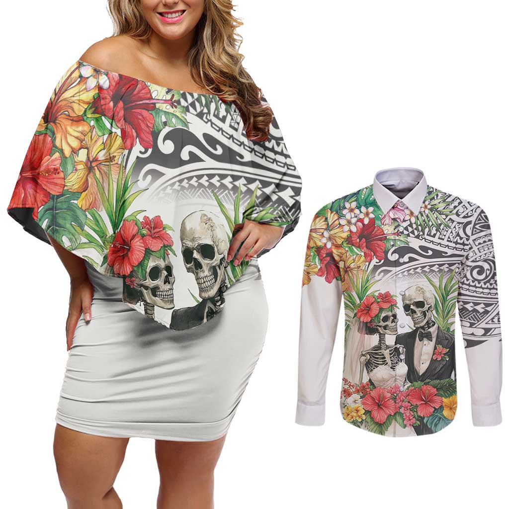 Skeleton Love for Valentines Day Couples Matching Off Shoulder Short Dress and Long Sleeve Button Shirt Polynesian Tribal Love Forever LT9 White - Polynesian Pride