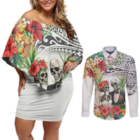 Skeleton Love for Valentines Day Couples Matching Off Shoulder Short Dress and Long Sleeve Button Shirt Polynesian Tribal Love Forever LT9 White - Polynesian Pride