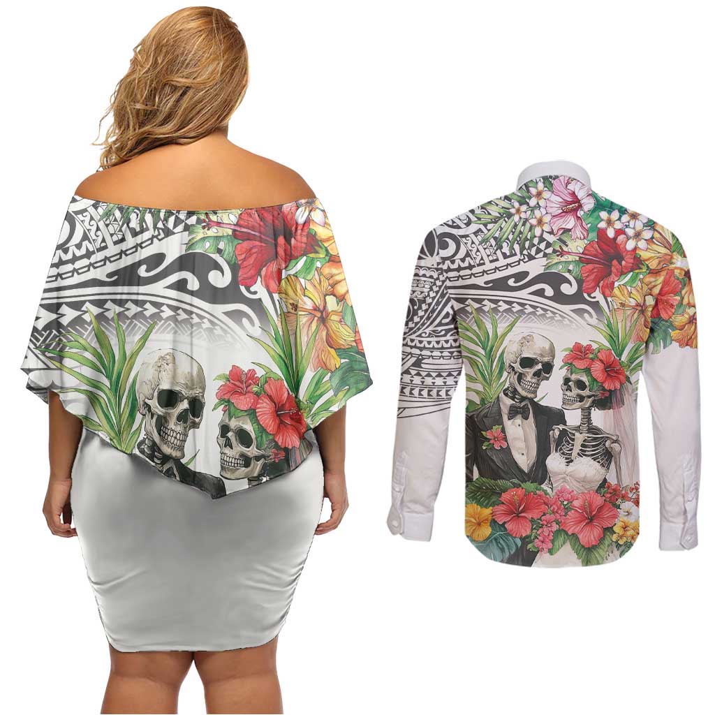 Skeleton Love for Valentines Day Couples Matching Off Shoulder Short Dress and Long Sleeve Button Shirt Polynesian Tribal Love Forever LT9 - Polynesian Pride
