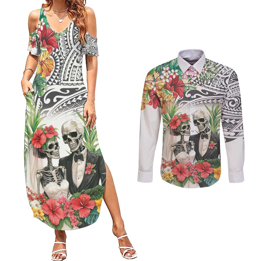 Skeleton Love for Valentines Day Couples Matching Summer Maxi Dress and Long Sleeve Button Shirt Polynesian Tribal Love Forever LT9 White - Polynesian Pride