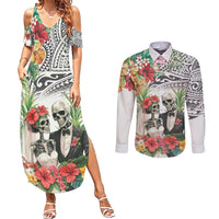 Skeleton Love for Valentines Day Couples Matching Summer Maxi Dress and Long Sleeve Button Shirt Polynesian Tribal Love Forever LT9 White - Polynesian Pride