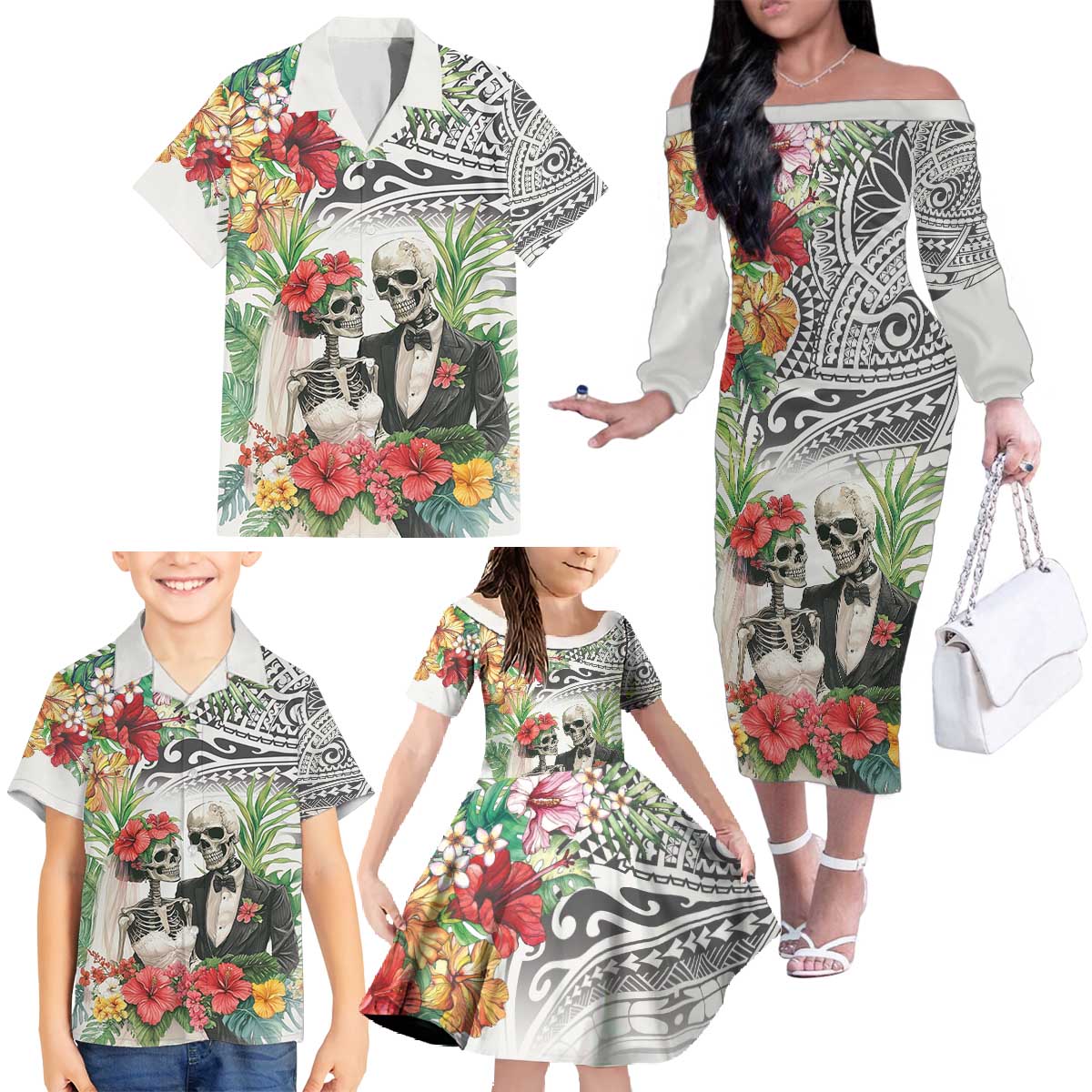 Skeleton Love for Valentines Day Family Matching Off The Shoulder Long Sleeve Dress and Hawaiian Shirt Polynesian Tribal Love Forever LT9 - Polynesian Pride