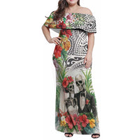 Skeleton Love for Valentines Day Family Matching Off Shoulder Maxi Dress and Hawaiian Shirt Polynesian Tribal Love Forever LT9 Mom's Dress White - Polynesian Pride