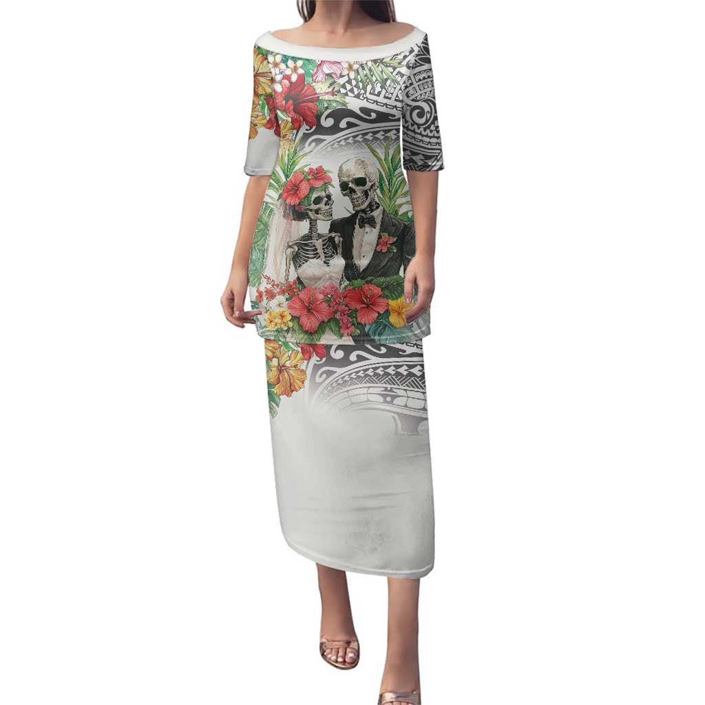 Skeleton Love for Valentines Day Family Matching Puletasi and Hawaiian Shirt Polynesian Tribal Love Forever LT9 Mom's Dress White - Polynesian Pride