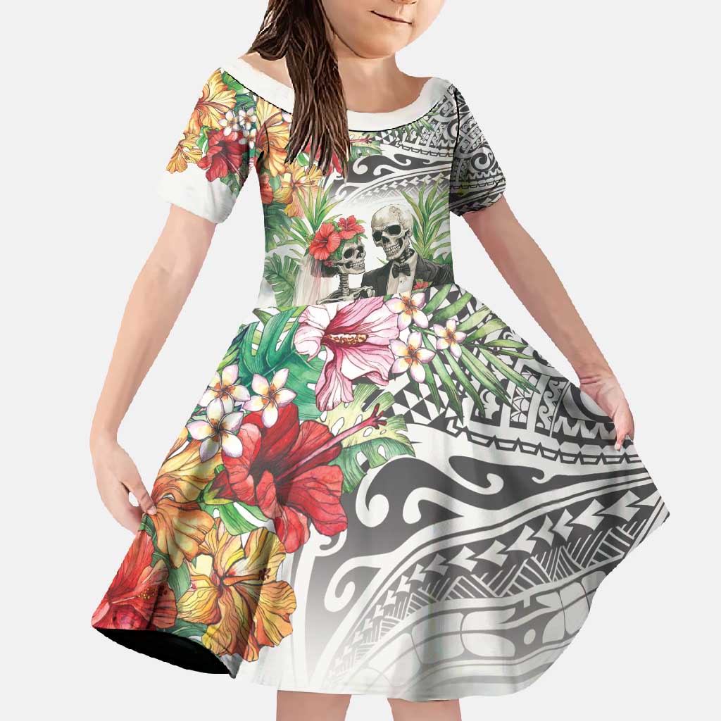 Skeleton Love for Valentines Day Family Matching Short Sleeve Bodycon Dress and Hawaiian Shirt Polynesian Tribal Love Forever LT9 Daughter's Dress White - Polynesian Pride
