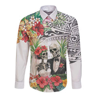 Skeleton Love for Valentines Day Long Sleeve Button Shirt Polynesian Tribal Love Forever LT9 Unisex White - Polynesian Pride