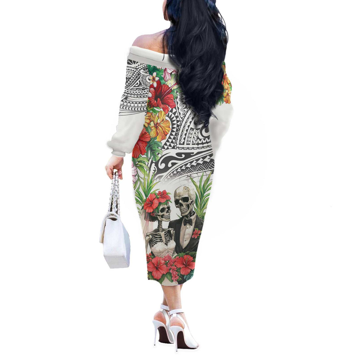 Skeleton Love for Valentine’s Day Off The Shoulder Long Sleeve Dress Polynesian Tribal Love Forever