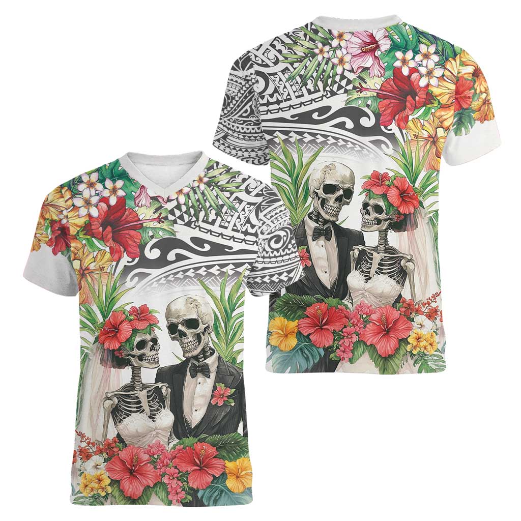 Skeleton Love for Valentines Day Women V-Neck T-Shirt Polynesian Tribal Love Forever LT9 - Polynesian Pride