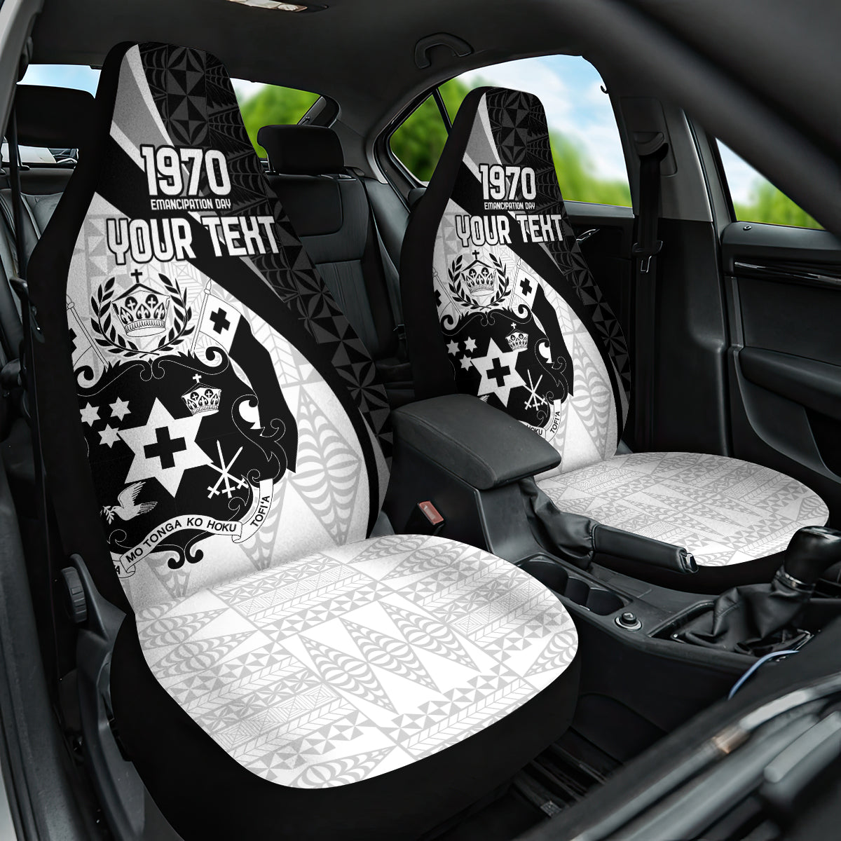 Personalised Tonga Emancipation Day Car Seat Cover Since 1970 Ngatu Tribal Pattern LT9 One Size Black - Polynesian Pride