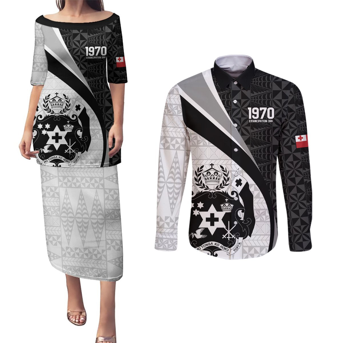 Personalised Tonga Emancipation Day Couples Matching Puletasi and Long Sleeve Button Shirt Since 1970 Ngatu Tribal Pattern LT9 Black - Polynesian Pride