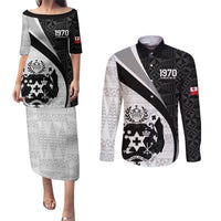 Personalised Tonga Emancipation Day Couples Matching Puletasi and Long Sleeve Button Shirt Since 1970 Ngatu Tribal Pattern LT9 Black - Polynesian Pride