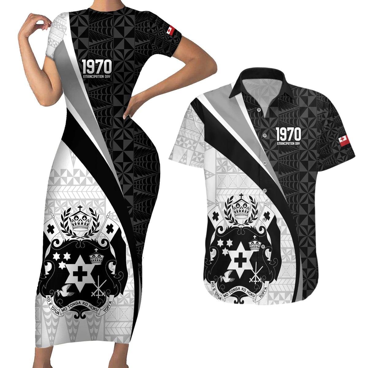 Personalised Tonga Emancipation Day Couples Matching Short Sleeve Bodycon Dress and Hawaiian Shirt Since 1970 Ngatu Tribal Pattern LT9 Black - Polynesian Pride