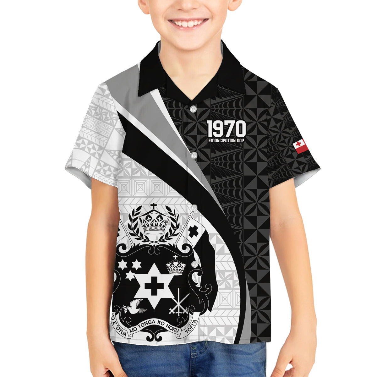 Personalised Tonga Emancipation Day Family Matching Off The Shoulder Long Sleeve Dress and Hawaiian Shirt Since 1970 Ngatu Tribal Pattern LT9 Son's Shirt Black - Polynesian Pride