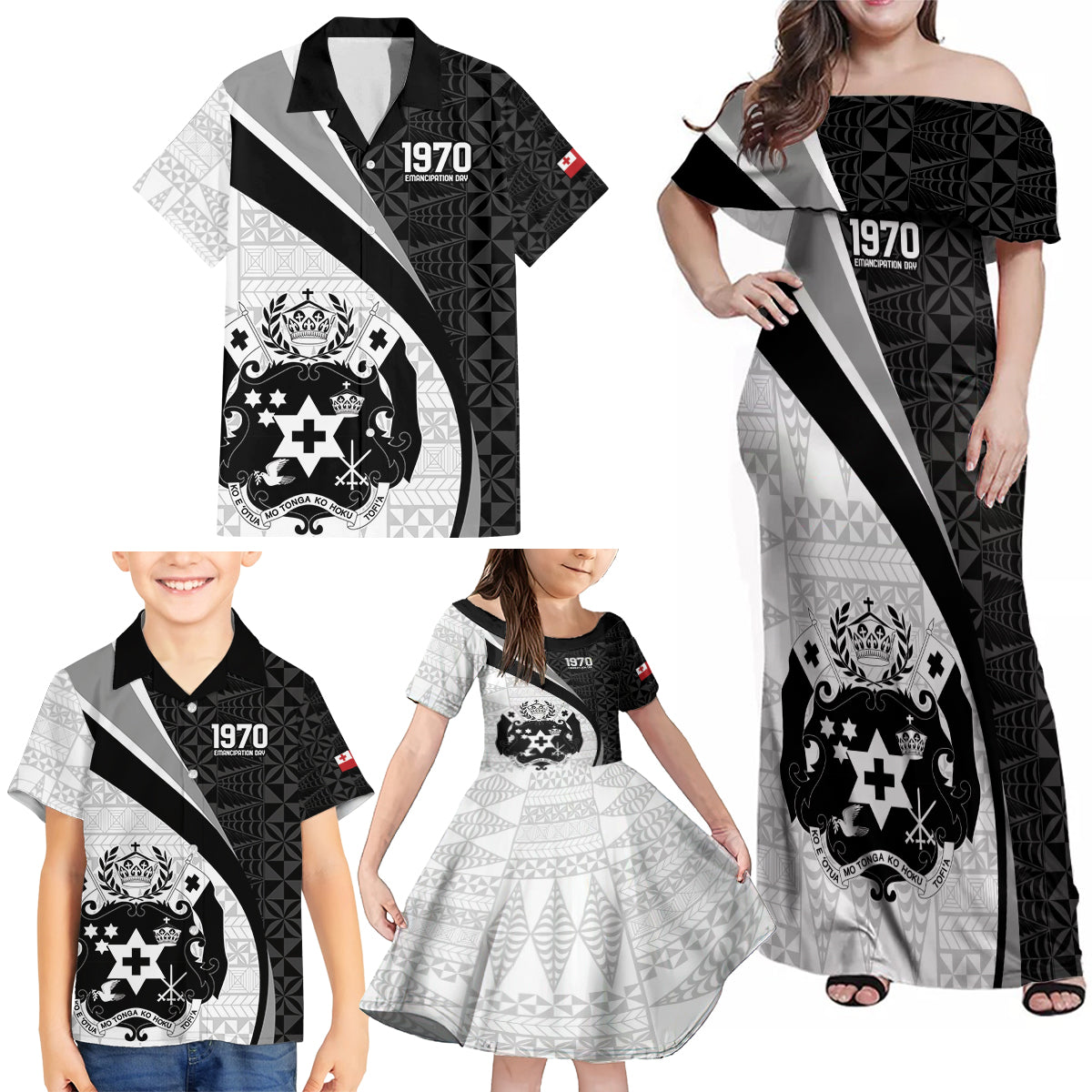 Personalised Tonga Emancipation Day Family Matching Off Shoulder Maxi Dress and Hawaiian Shirt Since 1970 Ngatu Tribal Pattern LT9 - Polynesian Pride