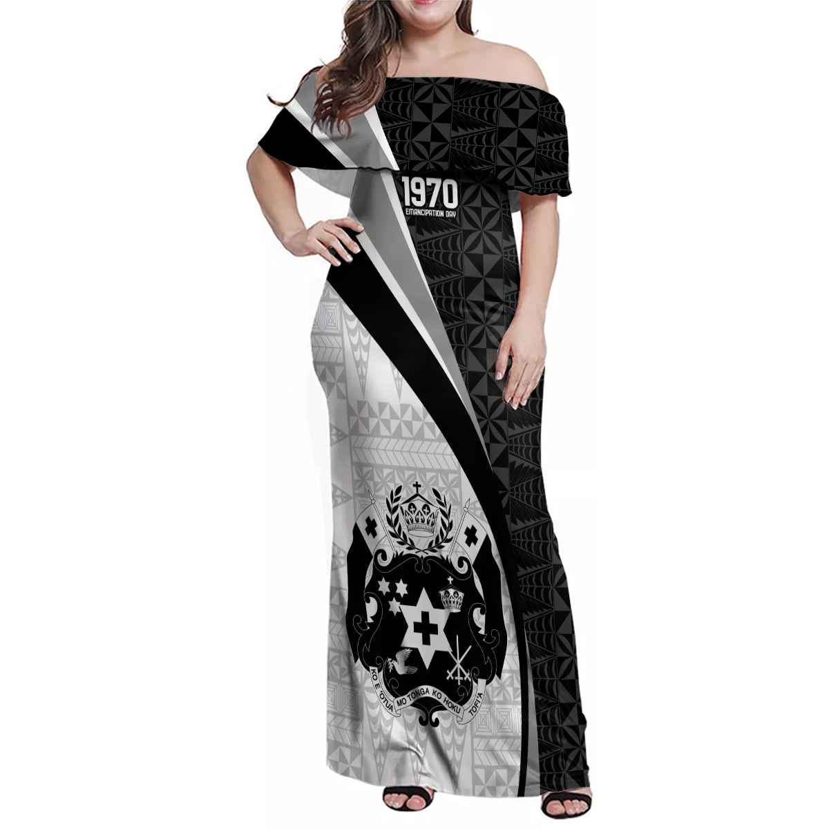 Personalised Tonga Emancipation Day Family Matching Off Shoulder Maxi Dress and Hawaiian Shirt Since 1970 Ngatu Tribal Pattern LT9 Mom's Dress Black - Polynesian Pride