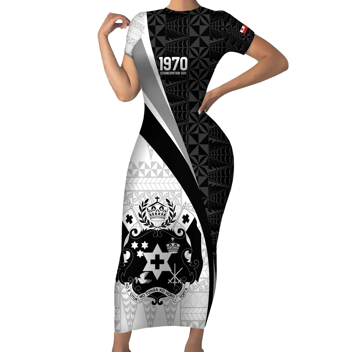 Personalised Tonga Emancipation Day Family Matching Short Sleeve Bodycon Dress and Hawaiian Shirt Since 1970 Ngatu Tribal Pattern LT9 Mom's Dress Black - Polynesian Pride