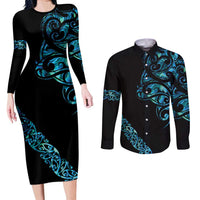 All Black Maori Tribal Tattoo Personalised Couples Matching Long Sleeve Bodycon Dress and Long Sleeve Button Shirt Polynesian Style LT9 Black - Polynesian Pride