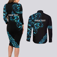 All Black Maori Tribal Tattoo Personalised Couples Matching Long Sleeve Bodycon Dress and Long Sleeve Button Shirt Polynesian Style LT9 - Polynesian Pride