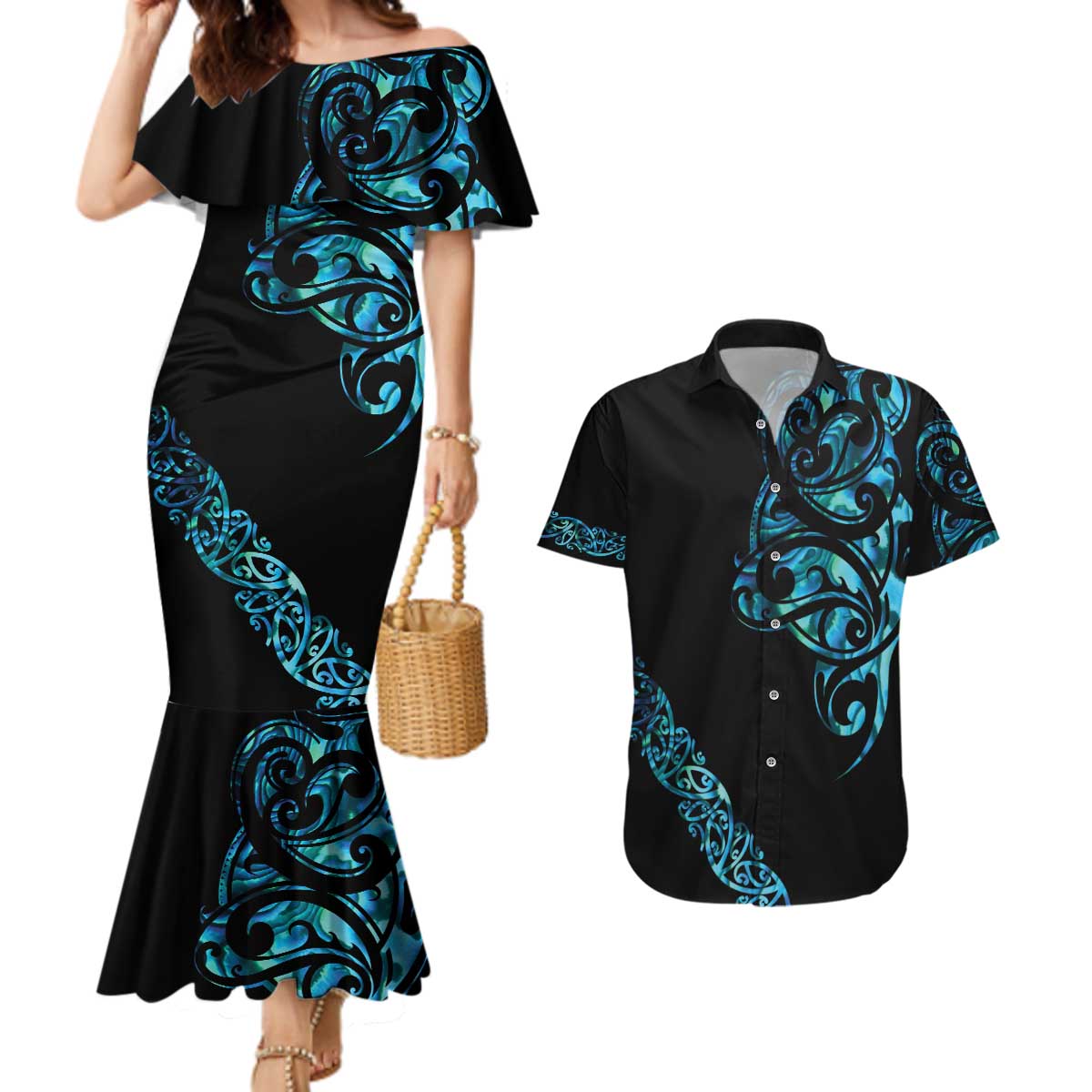 All Black Maori Tribal Tattoo Personalised Couples Matching Mermaid Dress and Hawaiian Shirt Polynesian Style LT9 Black - Polynesian Pride