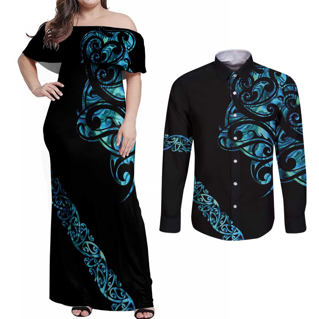 All Black Maori Tribal Tattoo Personalised Couples Matching Off Shoulder Maxi Dress and Long Sleeve Button Shirt Polynesian Style LT9 Black - Polynesian Pride