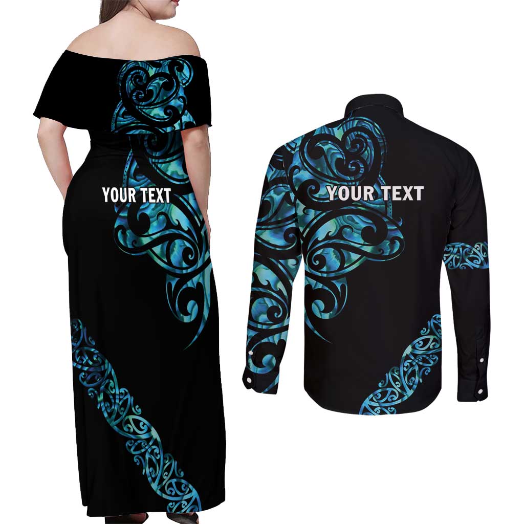 All Black Maori Tribal Tattoo Personalised Couples Matching Off Shoulder Maxi Dress and Long Sleeve Button Shirt Polynesian Style LT9 - Polynesian Pride