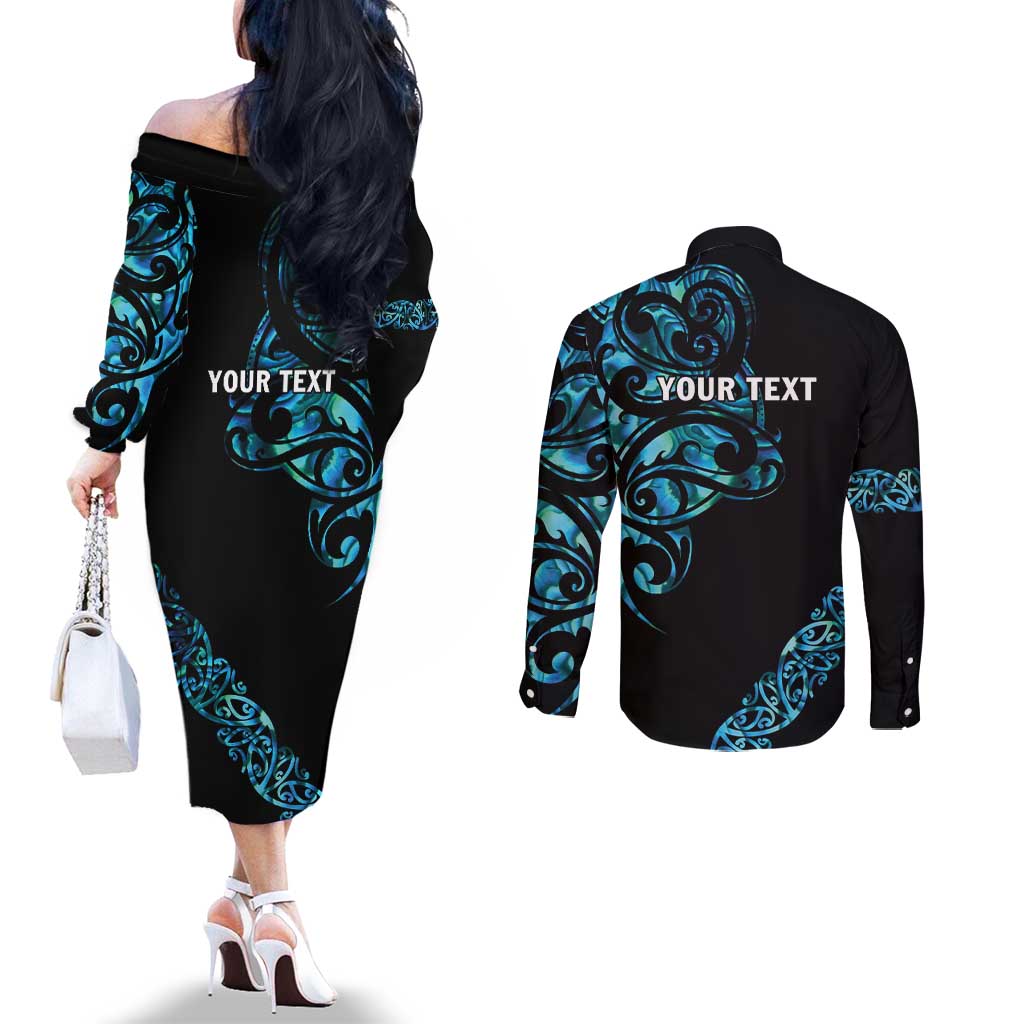 All Black Maori Tribal Tattoo Personalised Couples Matching Off The Shoulder Long Sleeve Dress and Long Sleeve Button Shirt Polynesian Style LT9 - Polynesian Pride