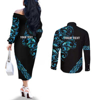 All Black Maori Tribal Tattoo Personalised Couples Matching Off The Shoulder Long Sleeve Dress and Long Sleeve Button Shirt Polynesian Style LT9 - Polynesian Pride
