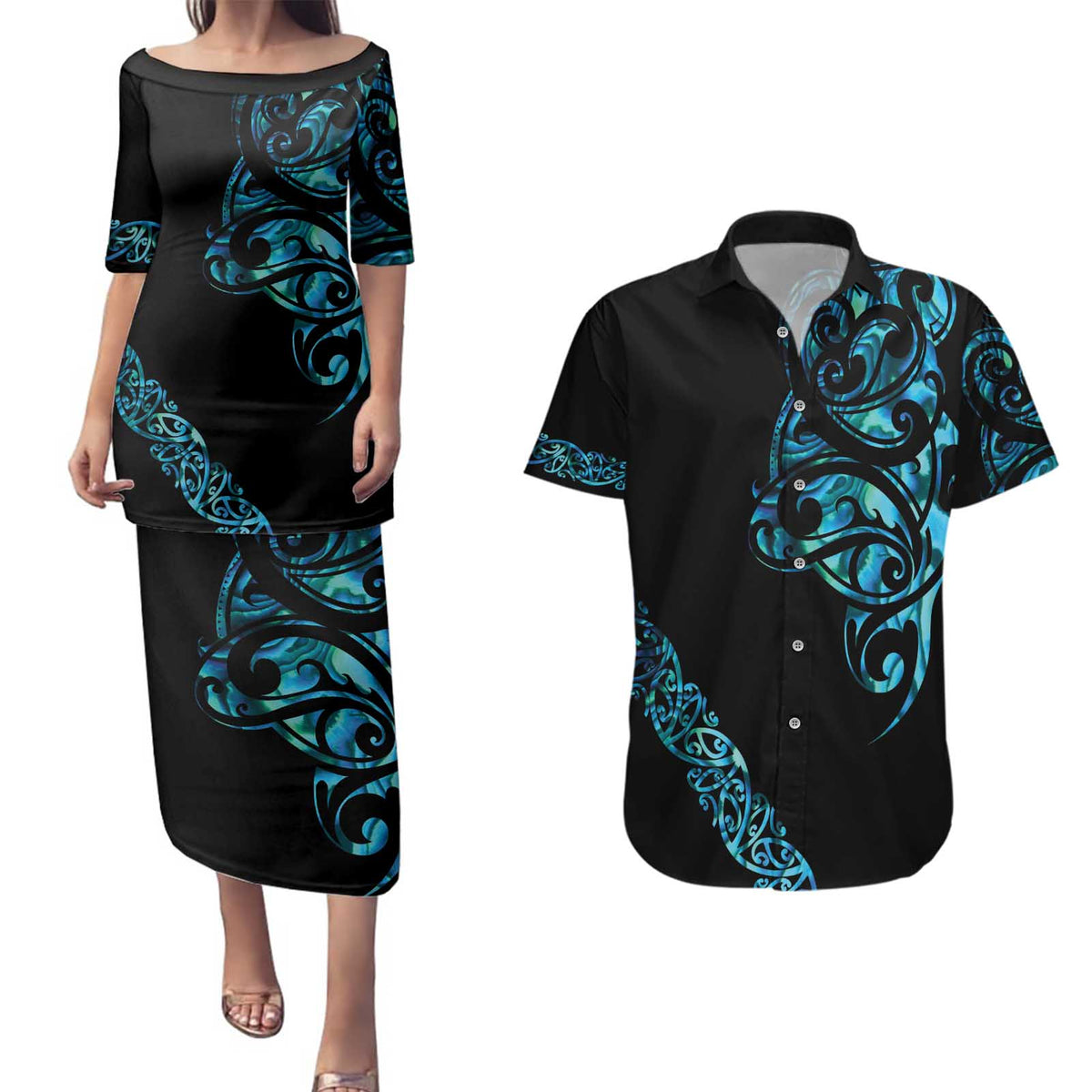 All Black Maori Tribal Tattoo Personalised Couples Matching Puletasi and Hawaiian Shirt Polynesian Style LT9 Black - Polynesian Pride