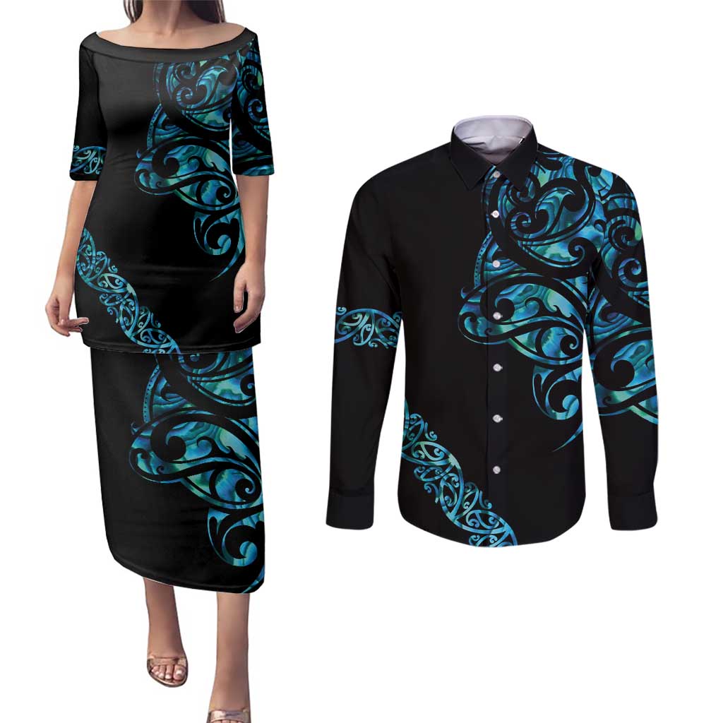 All Black Maori Tribal Tattoo Personalised Couples Matching Puletasi and Long Sleeve Button Shirt Polynesian Style