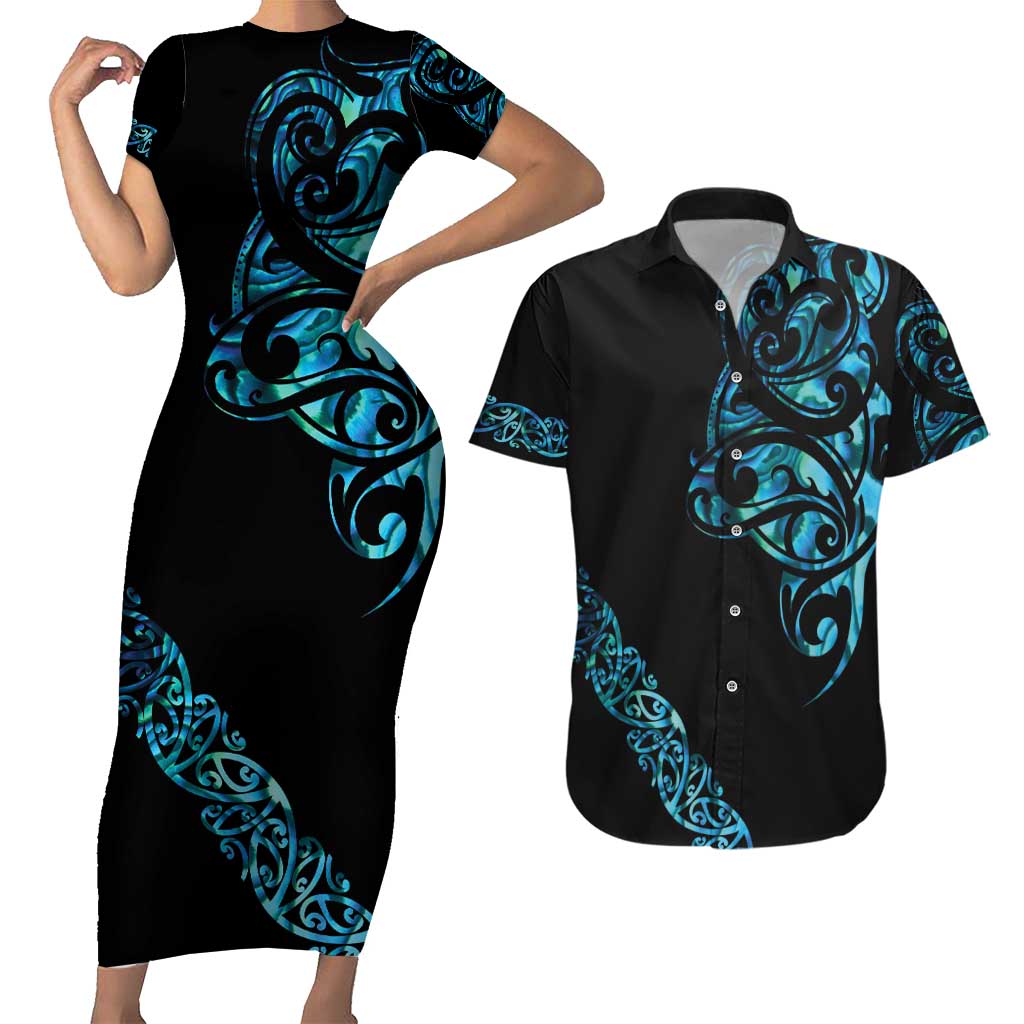 All Black Maori Tribal Tattoo Personalised Couples Matching Short Sleeve Bodycon Dress and Hawaiian Shirt Polynesian Style LT9 Black - Polynesian Pride