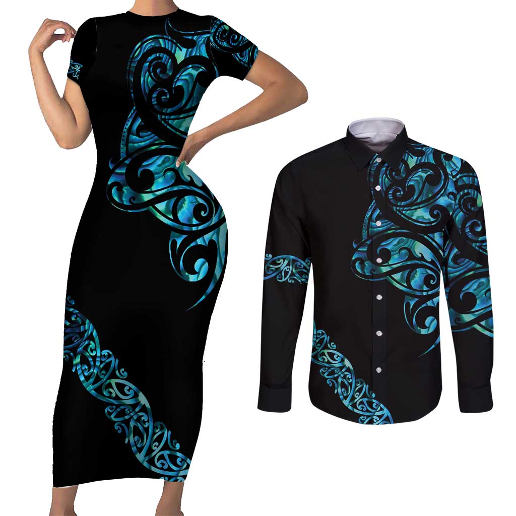 All Black Maori Tribal Tattoo Personalised Couples Matching Short Sleeve Bodycon Dress and Long Sleeve Button Shirt Polynesian Style LT9 Black - Polynesian Pride