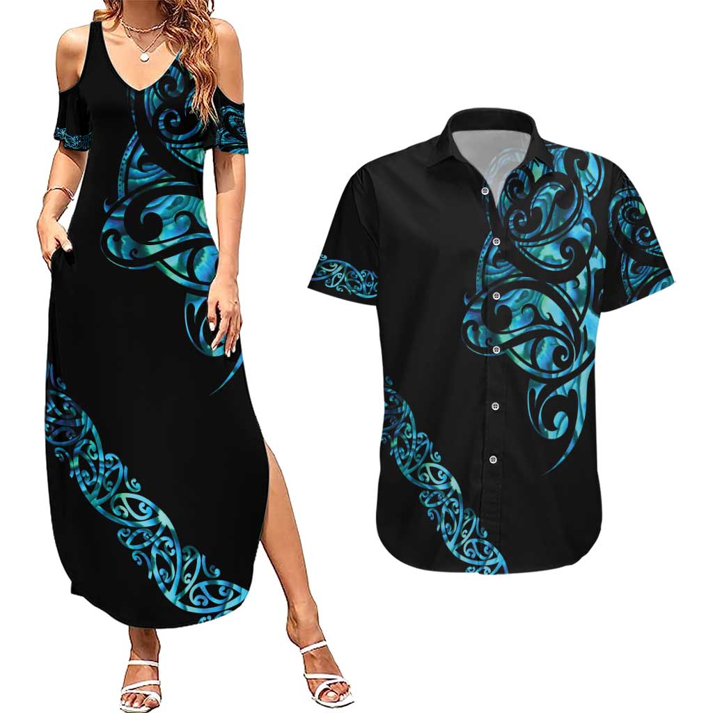 All Black Maori Tribal Tattoo Personalised Couples Matching Summer Maxi Dress and Hawaiian Shirt Polynesian Style LT9 Black - Polynesian Pride