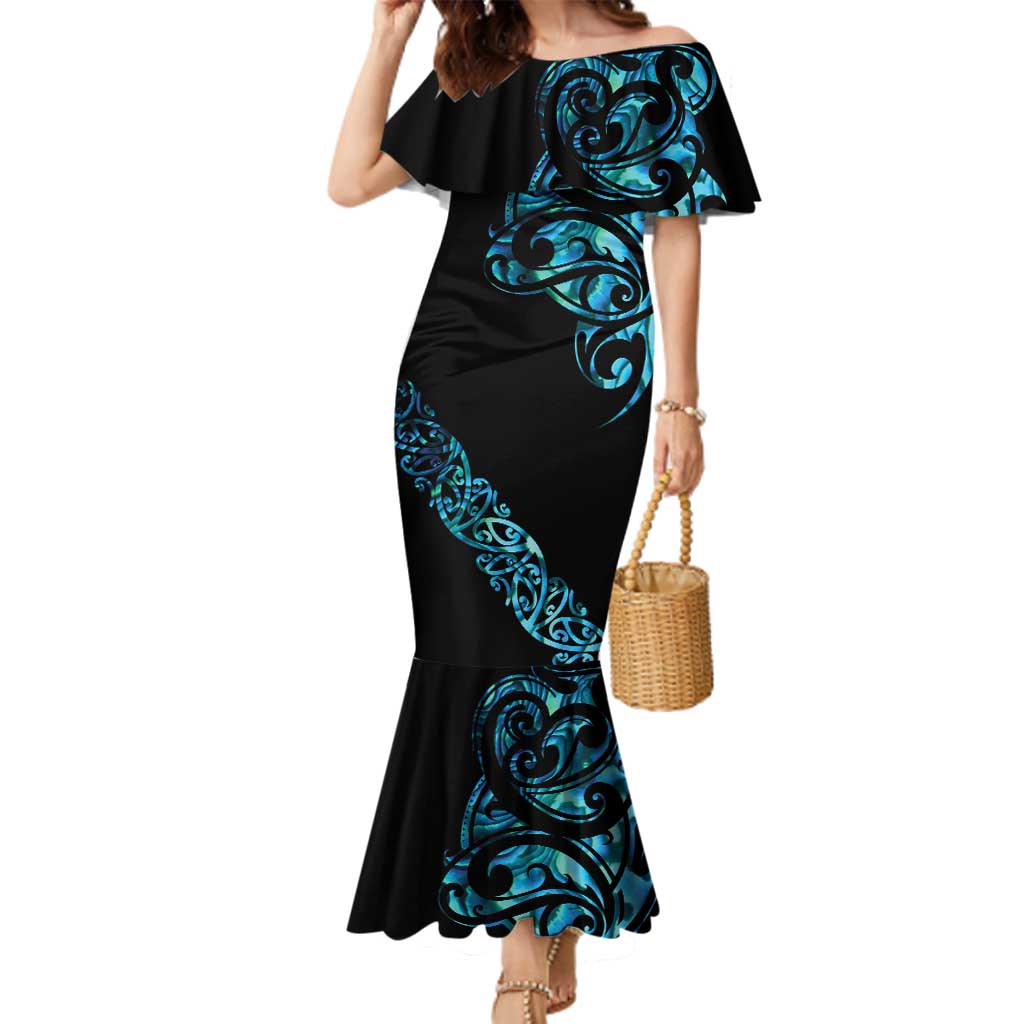 All Black Maori Tribal Tattoo Personalised Family Matching Mermaid Dress and Hawaiian Shirt Polynesian Style LT9 Mom's Dress Black - Polynesian Pride