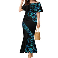 All Black Maori Tribal Tattoo Personalised Family Matching Mermaid Dress and Hawaiian Shirt Polynesian Style LT9 Mom's Dress Black - Polynesian Pride
