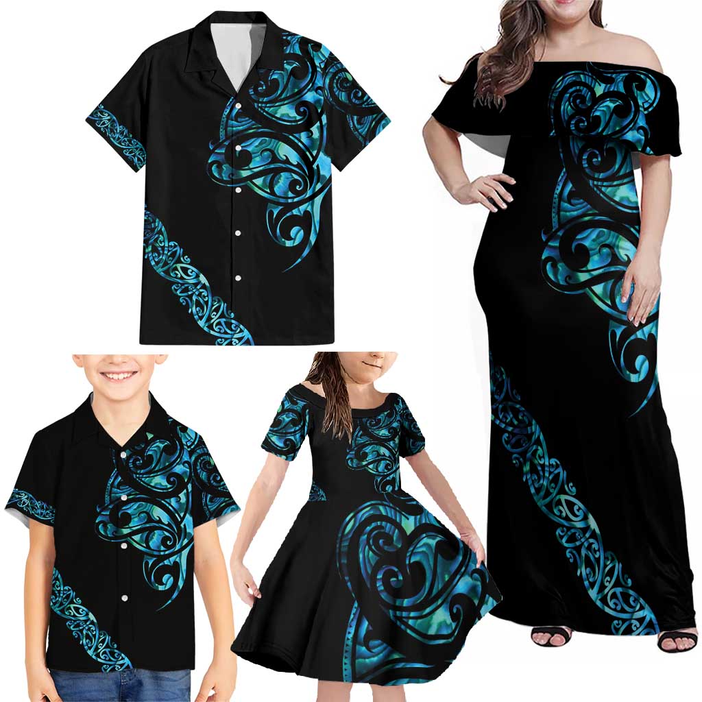 All Black Maori Tribal Tattoo Personalised Family Matching Off Shoulder Maxi Dress and Hawaiian Shirt Polynesian Style LT9 - Polynesian Pride