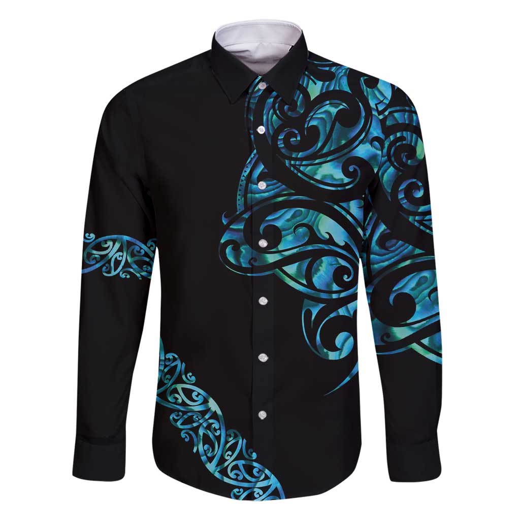 All Black Maori Tribal Tattoo Personalised Family Matching Off Shoulder Maxi Dress and Hawaiian Shirt Polynesian Style LT9 Dad's Shirt - Long Sleeve Black - Polynesian Pride