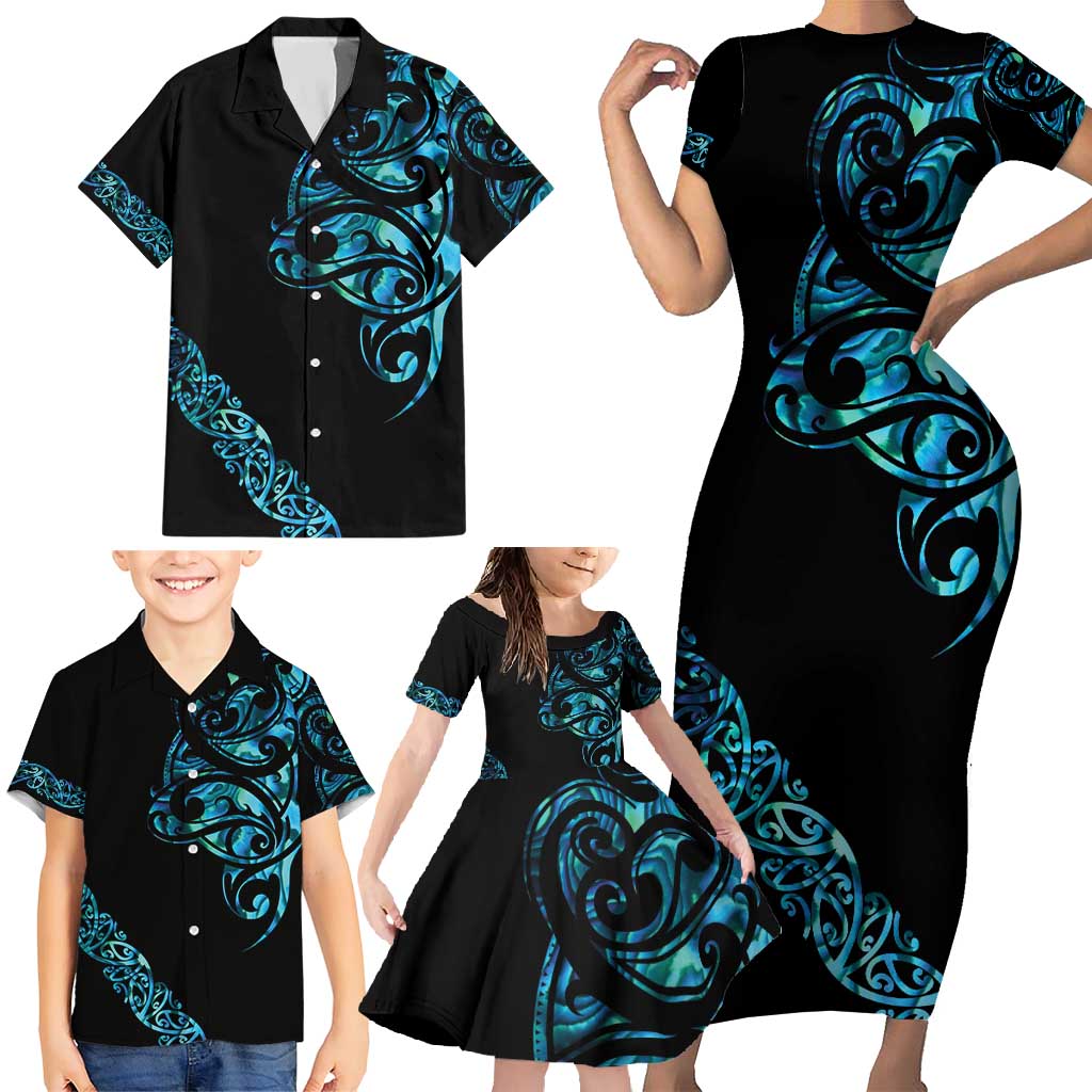 All Black Maori Tribal Tattoo Personalised Family Matching Short Sleeve Bodycon Dress and Hawaiian Shirt Polynesian Style LT9 - Polynesian Pride
