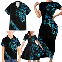 All Black Maori Tribal Tattoo Personalised Family Matching Short Sleeve Bodycon Dress and Hawaiian Shirt Polynesian Style LT9 - Polynesian Pride
