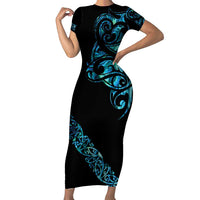 All Black Maori Tribal Tattoo Personalised Short Sleeve Bodycon Dress Polynesian Style